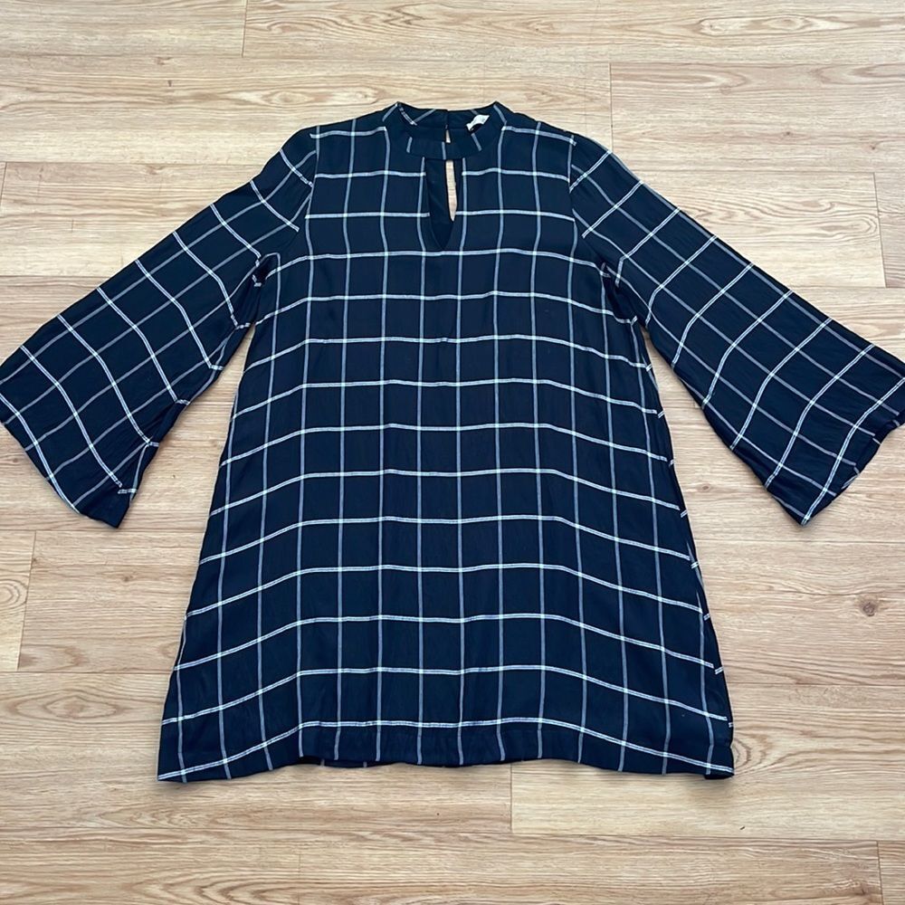 Loft Black and White Checkered Bell Sleeve Dress Sz M